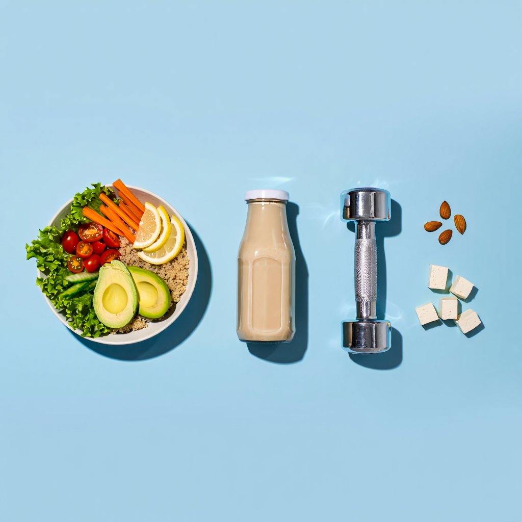 Eine bunte Bowl mit Couscous, Avocado, Möhren, Tomaten und grünem Salat. Daneben ein Proteinshake in einer Glasflasche, eine Hantel, Tofu und Mandeln.