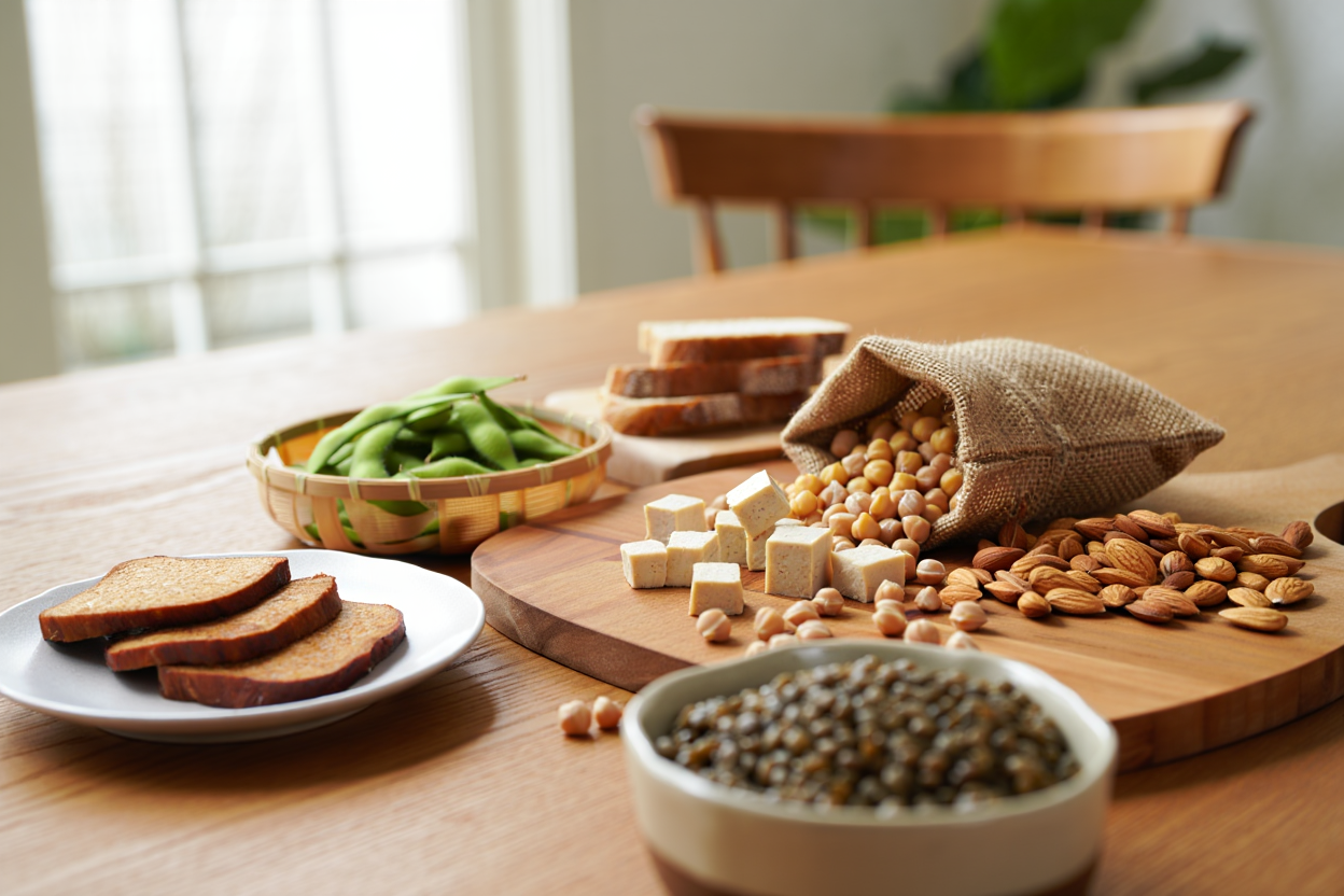 Verschiedene vegane Proteinquellen wie Tempeh, Tofu, Kichererbsen, Mandeln und Bohnen auf einem Holzbrettchen und Schalen auf einem Tisch