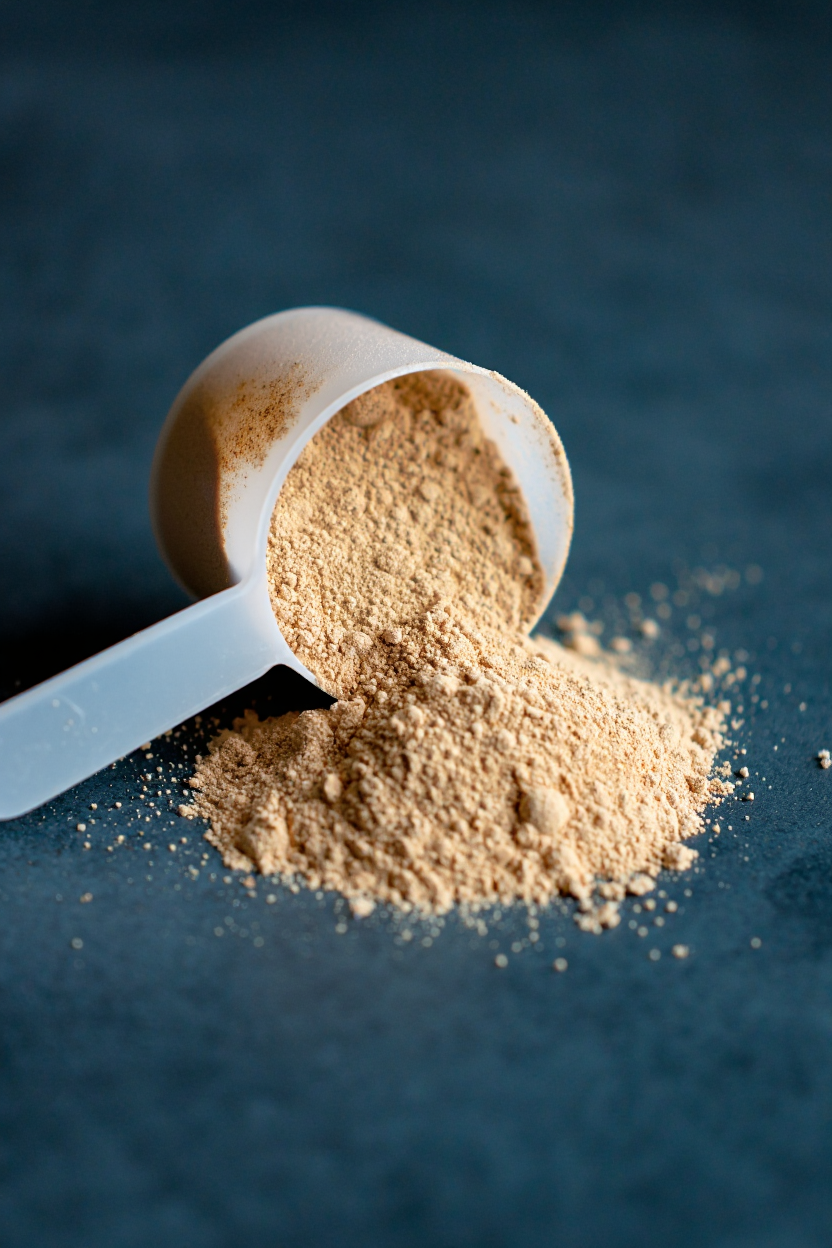 Ein gefüllter und umgefallener Scoop mit Proteinpulver auf dunklem Untergrund