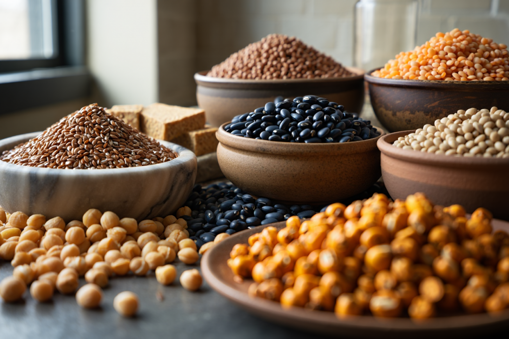 Verschiedene vegane Proteinquellen wie Linsen, Bohnen und Leinsamen in großen Schalen vor einem Fenster
