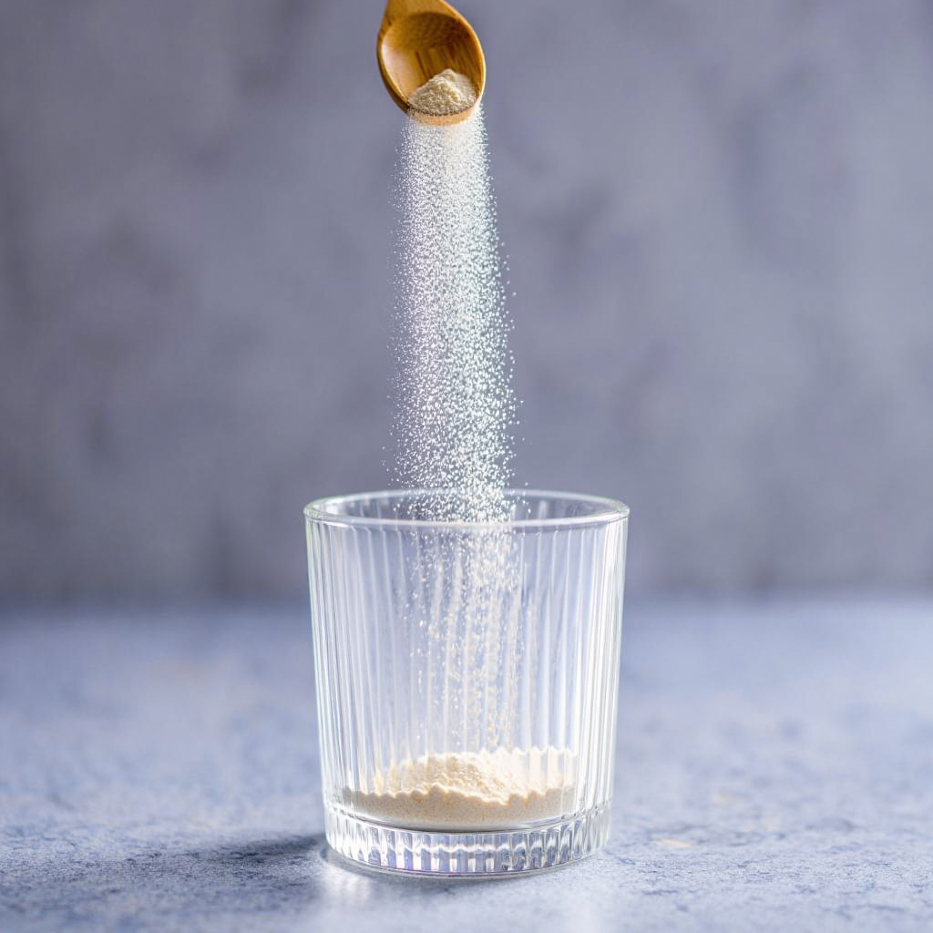 Pulver füllt von einem Holzlöffel in ein leeres Glas.